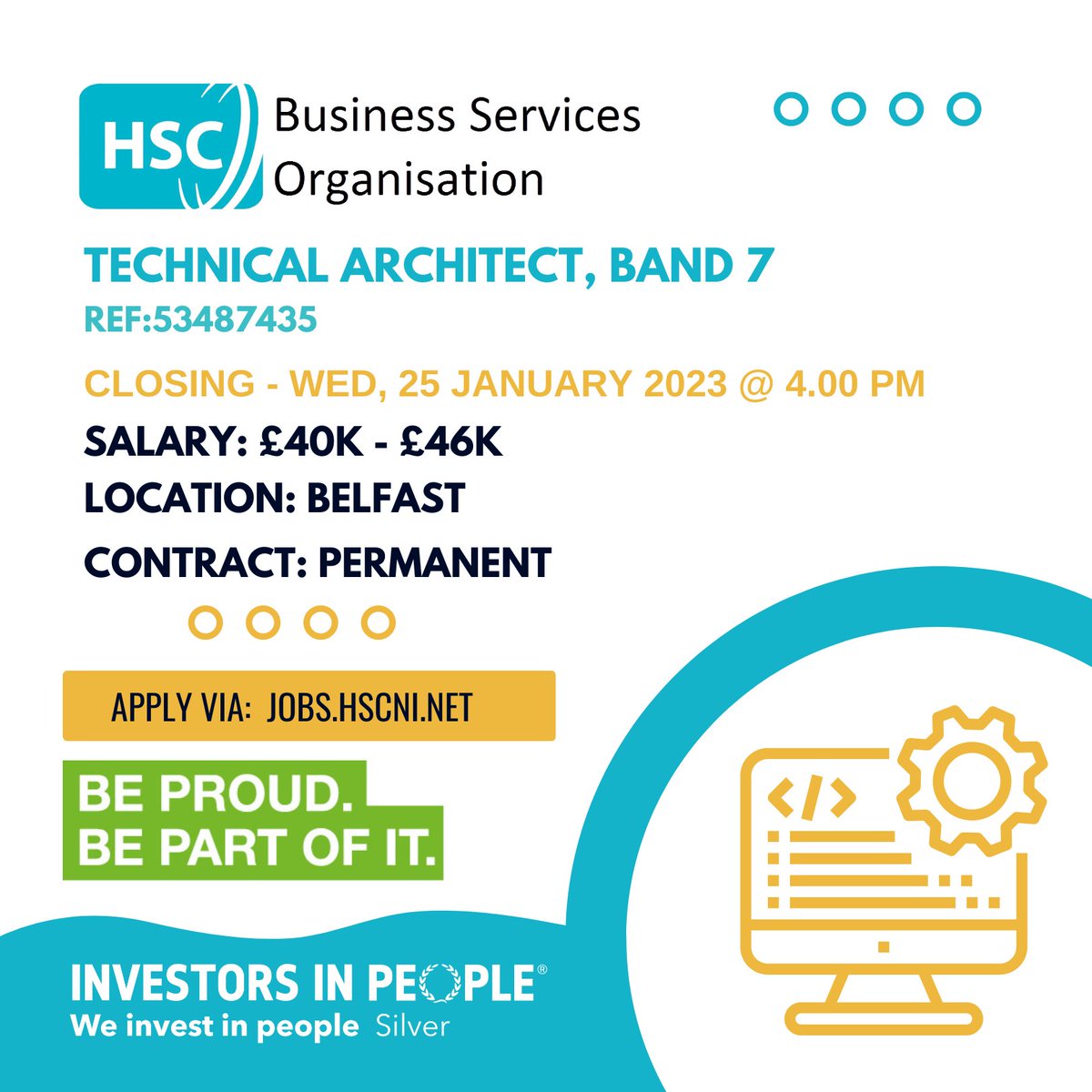 Great opportunity to join <a href="/BSO_NI/">Business Services Organisation</a> as a Technical Architect (2 posts) in BSO Information Technology Services (NIPIMS) in Belfast 

Salary: £40k-£46k
Closing: Wed, 25 January 2023 @ 4.00PM
For more information and to apply: jobs.hscni.net/Job/26188/bsob…

#BSO #ICTJobs #HSCJobs #NIPIMS