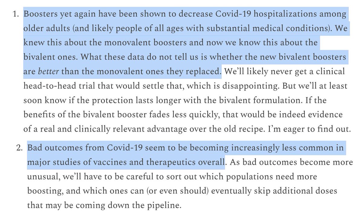 1/ Excellent discussions of the latest COVID booster data by my friend &amp; colleague <a href="/jeremyfaust/">Jeremy Faust MD MS (ER physician)</a>:

First the Israeli data on boosters:
insidemedicine.substack.com/p/new-bivalent…
papers.ssrn.com/sol3/papers.cf…

The takeaway: people over 65 should get their COVID boosters.