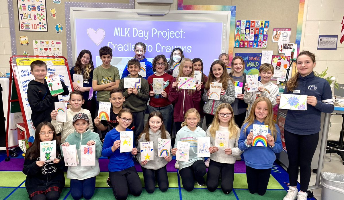 ms_mcgoldrick's tweet photo. Our Greystone Student Council made cards for Cradles to Crayons as their MLK Day Project💜This organization puts together backpacks filled with school supplies for students in Philadelphia. These cards will be included in the backpacks! @GreystoneES @WestChesterASD https://t.co/wA6bFnQEwO