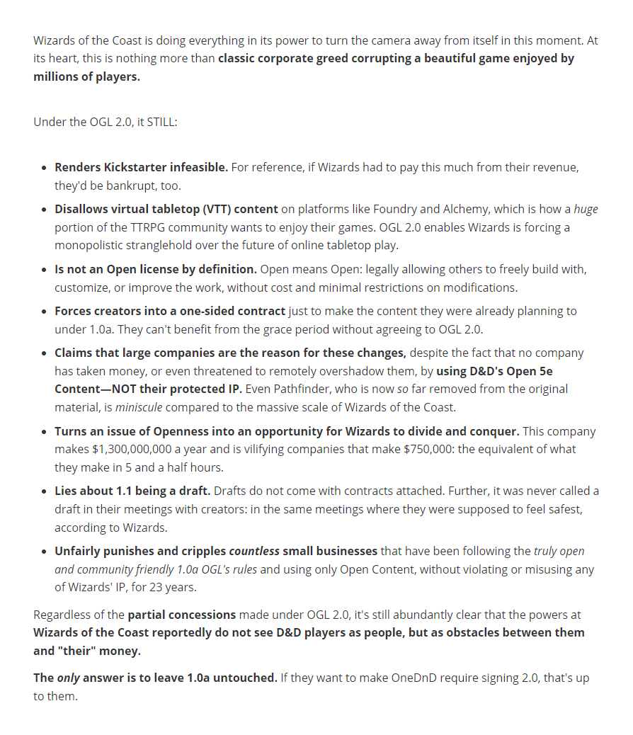 TieflingMelissa's tweet photo. Wizards of the Coast blames 'large companies' as the reason for OGL 2.0's existence when they are THE large company. 

All these leaks prove that they're dead set on pushing these changes through and coming up with scapegoats to take the blame around every corner.
#OpenDnD https://t.co/nRDLkXTIOE