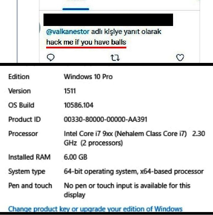 valkanestor's tweet photo. "Hack me...?" Yes, you are using an i7-W10 computer. ID NO: bla bla AA391. We infiltrated everything related to the camera and microphone. We are watching you :) We are the real anon. We do not forgive.!   #BlackBlock #Hacked https://t.co/bWYu0ndChc