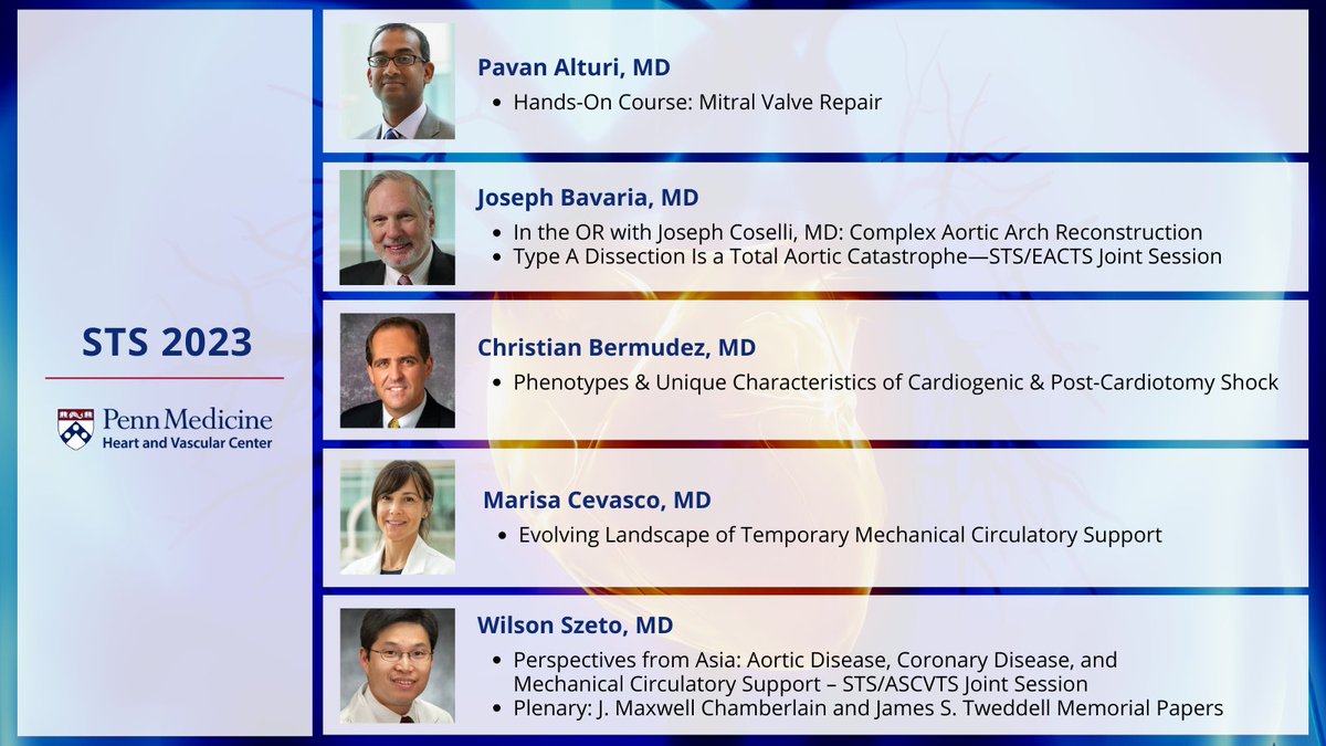 #STS2023 starts next weekend 🙌 Don't miss out on sessions with these <a href="/PennCardiology/">Penn Cardiology</a> physicians ⬇️ 

Learn more about their sessions
👉 spr.ly/60113piPv

@bavariamd #AorticDisease #MitralValve #CardioTwitter