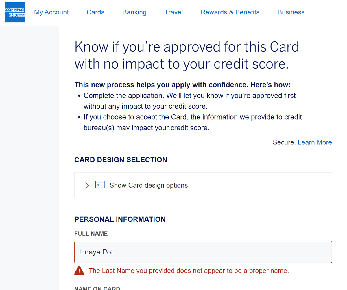 linayapot's tweet photo. @AskAmex when Amex's application process lets you know that your last name is not 'proper ' https://t.co/BmpbJbgGZS