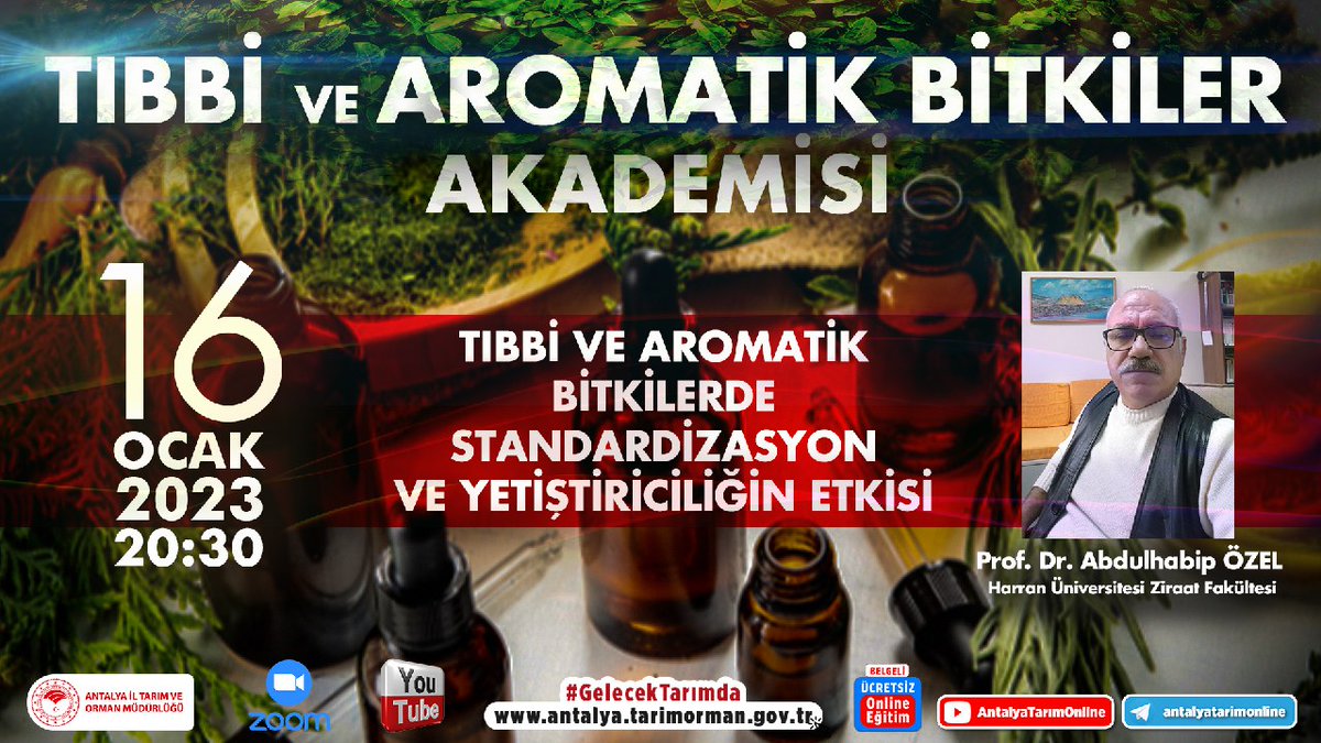#TabAkademisi-2

<a href="/hrumedya/">Harran Üniversitesi</a>'dan
Prof.Dr.Abdülhabip Özel ile

📌16 Ocak 2023 Pazartesi 20:30

🔹Tıbbi ve Aromatik Bitkilerde Standardizasyon ve Yetiştiriciliğin Etkisi

#GelecekTarımda
#TarımAntalyada

Grup 👇
chat.whatsapp.com/KFRWT6yUJff0Zu…

<a href="/VahitKirisci/">Prof.Dr.Vahit Kirişci</a> <a href="/ersinyazici1/">Ersin YAZICI</a> <a href="/gokhankaraca_/">Gökhan Karaca</a>