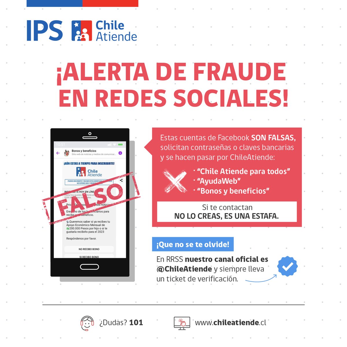 IPSChile's tweet photo. 🚨 ¡Atención con los fraudes en RRSS!
No respondas a mensajes de cuentas que te ofrecen falsos beneficios y piden tus contraseñas bancarias o datos personales para gestionarlos. 
Son perfiles FALSOS 👹 y buscan hacerte caer en una trampa.

Infórmate 👉 https://t.co/jZYnmwt1PB https://t.co/ilpBCrkMyE