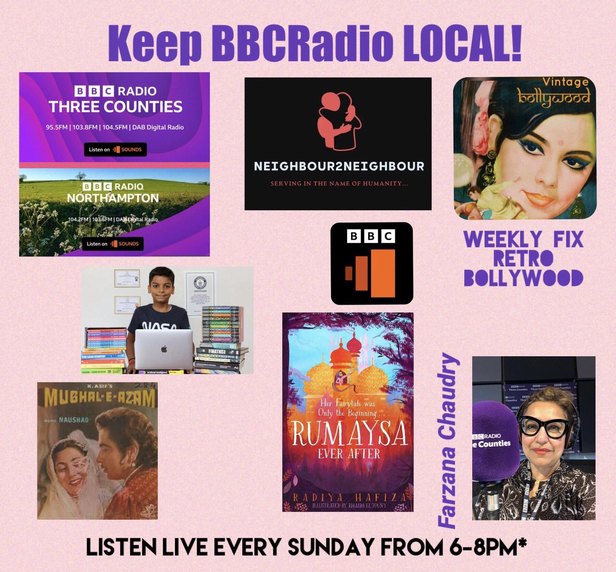 farzana_chaudry's tweet photo. 📻On Sunday’s Show 6-8pm 
@BBC3CR @BBCNorthampton 
🎧Weekly fix glorious retro Bollywood tracks
👸🏽@radiyahafiza #RumaysaEverAfter
🚪neighbour2neighbour food drive 
🧮@Kautilyakatariy maths, AI, coding 
🎥@StartWithThis film review 
Listen live from anywhere via @BBCSounds https://t.co/nWhqLue2W1