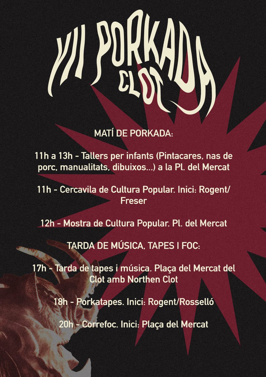 Dissabte 21 de gener, arriba la setena edició de la #Porkadaclot. Tornarem a omplir el barri de #CulturaPopular #gastronomia i #Música