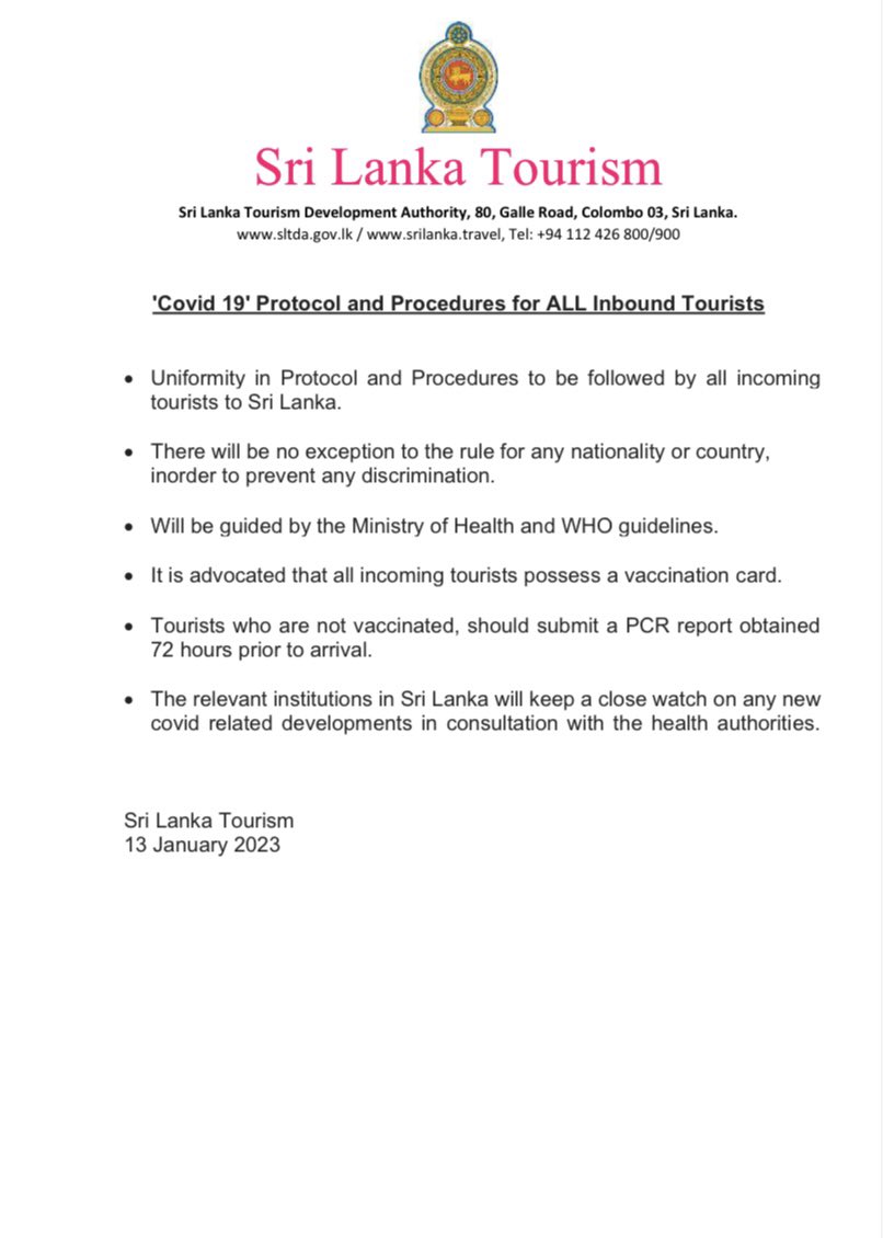 'Covid 19' Protocol and Procedures for ALL Inbound Tourists. 
#SLTDA #LKA #SLtourism #covid #SriLanka