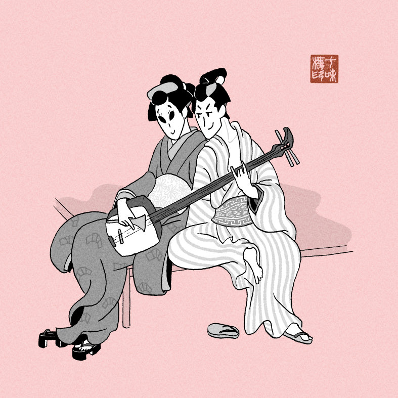 2girls black hair geta holding holding instrument instrument japanese clothes  illustration images