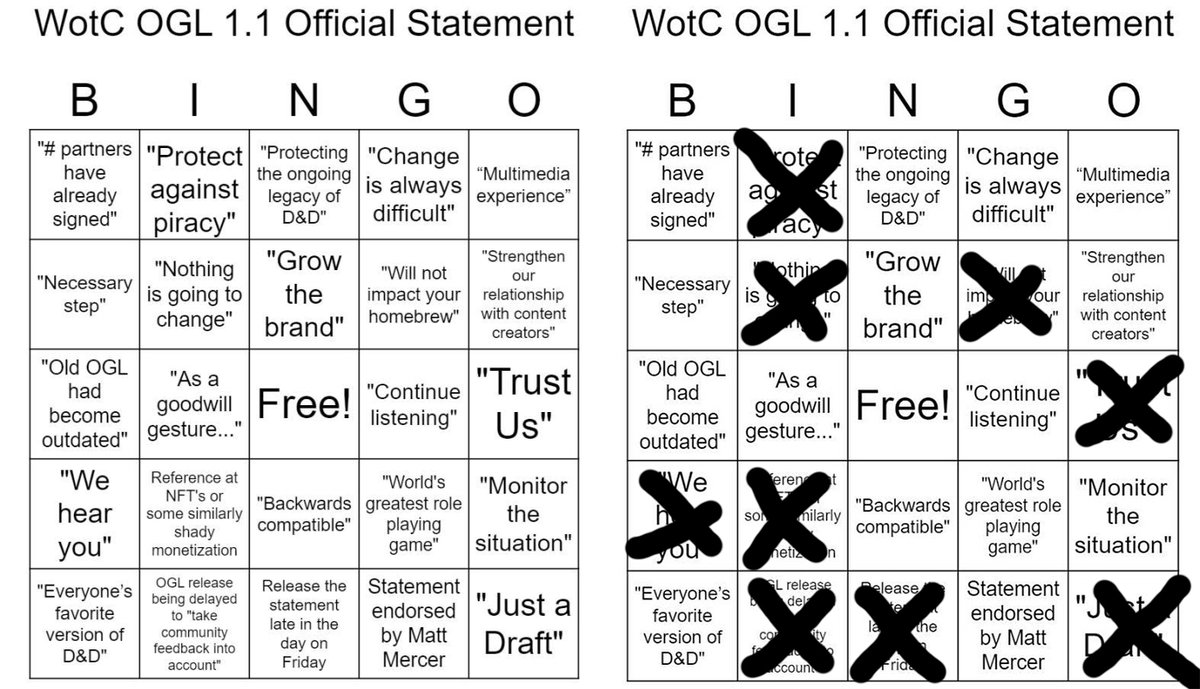 HumpsWares's tweet image. Man... SO close to a BINGO.

In case you didn't see, WotC seriously backed down in favour of an #OpenDnD. Good work everyone. Now we must stay vigilant until we see the actual license! 

Blog post: tinyurl.com/dndnoogl