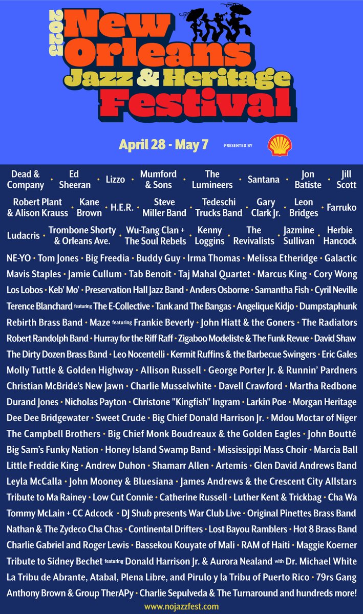 Jazz Fest 2023 Music Lineup! GA Weekend Passes and VIP Packages on sale now! View the full lineup and purchase tickets at nojazzfest.com #jazzfest