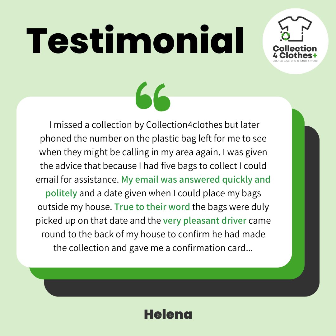 ..So, all good service. I hope my donation helps with a charity close to my heart. One very satisfied customer. - Helena 

Thank you Helena for your Review!👍

#donateclothes #donate #uk #charity #westmidlandsbusiness #uknonprofit #recycle #sustainable