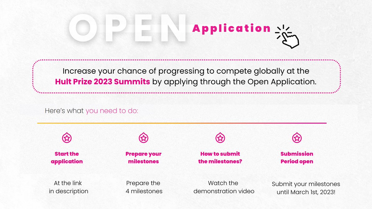 hultprize's tweet photo. Want to compete in the Hult Prize 2023? 🏆 
Whether you are currently competing in your Local OnCampus Program, or you are not part of one, you can apply! ✅

All you need to do is submit your milestones following the steps mentioned at: https://t.co/7WKIDhUwnZ Go go! https://t.co/TLkd42ehkA