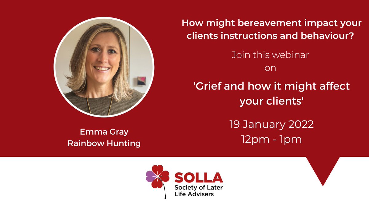 SOLLAadvice's tweet photo. How might grief impact your client’s instructions and their behaviour? Knowing what to look for can be vital to giving the right advise. Join @EmmaGray77 founder of @HuntingRainbow for our webinar 19th January 2022 - 12pm - 1pm Register -https://t.co/uTkNTjVllf #GriefAwareness https://t.co/uzTrxQjUrD