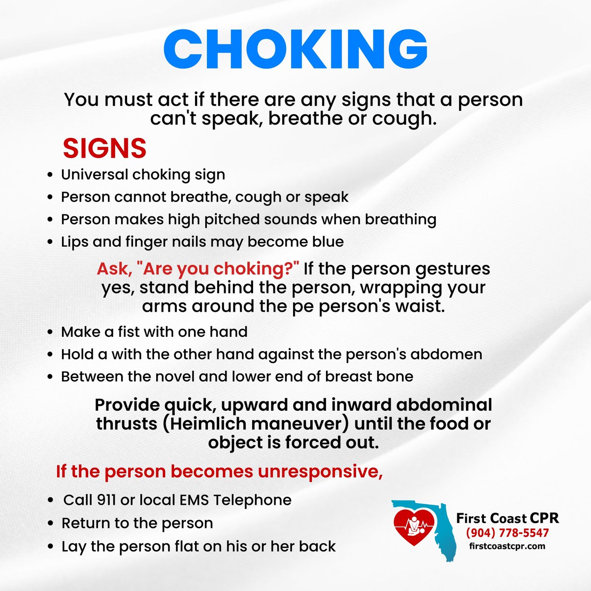 This shows how to save a life when some one is choking and how to do cpr if they go in to cardiac arrest and stop breathing chocking can close up your air way and stop you breathing.
--
🌐 firstcoastcpr.com
.
#firstcoastcpr #saveyourlife #cpr #choking #chokingin #chokingout