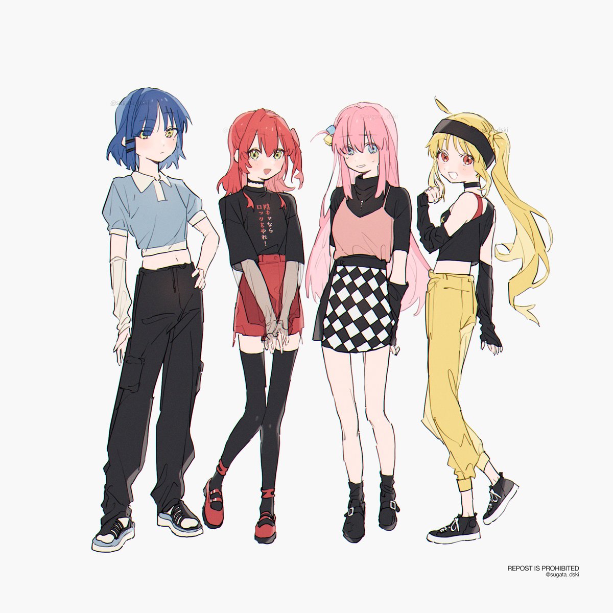 4girls ahoge bangs black footwear black pants black shirt blonde hair  illustration images