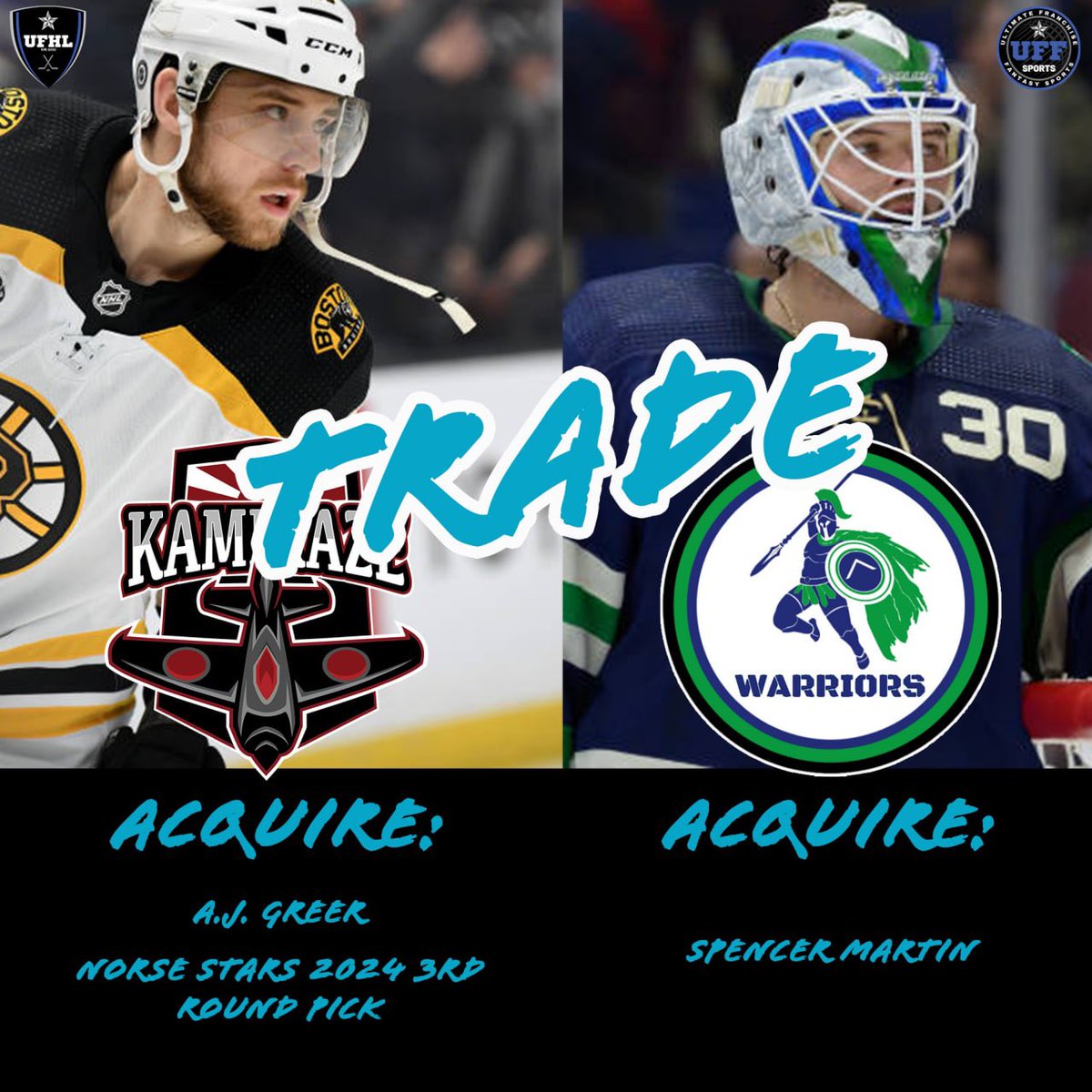 🚨TRADE ALERT🚨

#UFHLTrades #FantasyHockey #HockeyTwitter <a href="/KamikazeUFHL/">Kamikaze Hockey Club</a> @WarriorsUfhl #DA32 @UFFSports