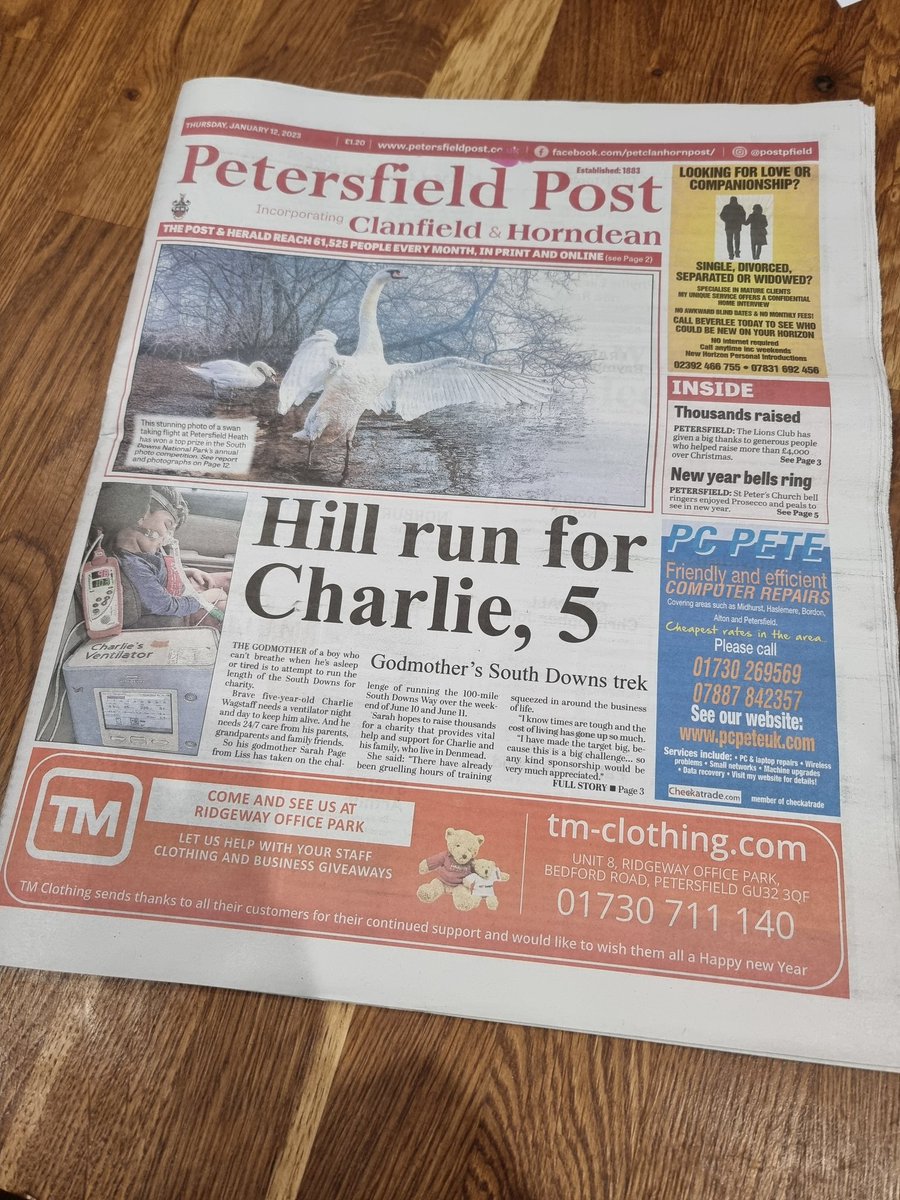 I'm so chuffed to see my best friend's epic challenge on the front page of the Petersfield Post. She's running 100 miles for the charity that supports families like ours. What a legend/nutter!

<a href="/postpfield/">Petersfield Post</a> <a href="/cchssupport/">CCHS UK</a> <a href="/centurionrunner/">centurionrunning</a> <a href="/hoka/">HOKA</a> 🏃‍♀️ 

justgiving.com/sarah-page43