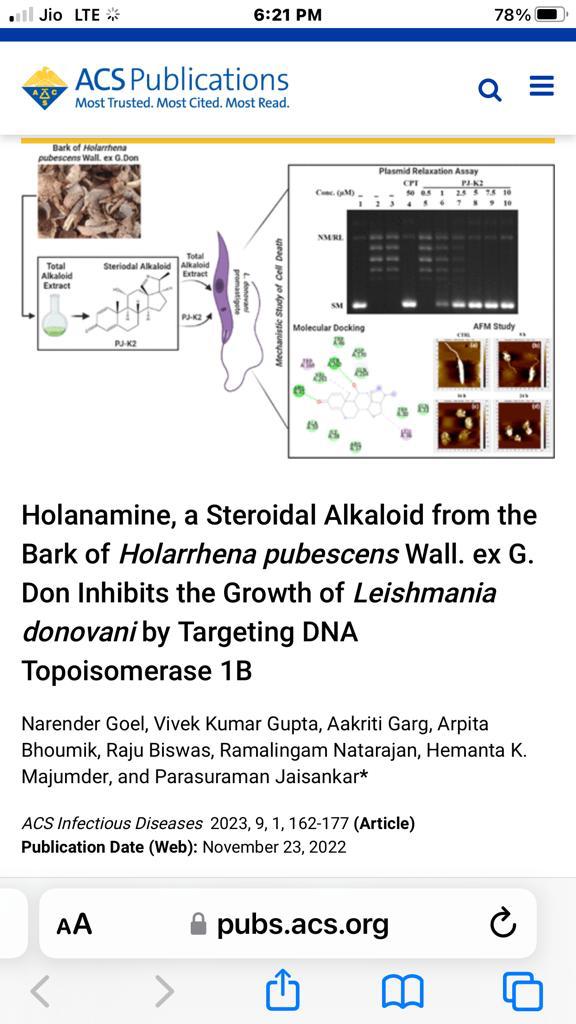 Congratulations @dr_jaisankar @csir_iicb for the cover page article @ACSPublications ACS Infectious Diseases on a novel antileishmanial molecule, holanamine, a steroidal alkaloid of plant origin, targeting DNA topoisomase 1B! @CSIR_IND @IndiaDST