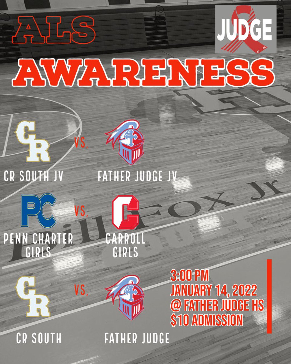 Looking forward to a great day of Basketball tomorrow as we raise money for the fight against ALS which has had a profound impact on Judge and it’s community. All proceeds from tomorrows games will be donated to the ALS Association of Phila in honor of Coach Fox. Admission is $10