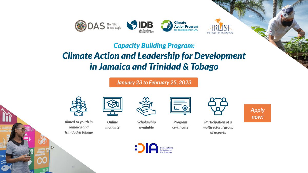 Trust4Americas's tweet photo. 🇯🇲🇹🇹 | Apply and WIN a SCHOLARSHIP to join the🔹Capacity-Building Program on Climate Action and Leadership for Development🔹♻️

👉Send your CV or LinkedIn profile📑 and a motivation letter (500)🖌 to:
🔸#JA: ile@trust-oea.org
🔸#TT: cariri@trust-oea.org https://t.co/P0xFXFWAKz