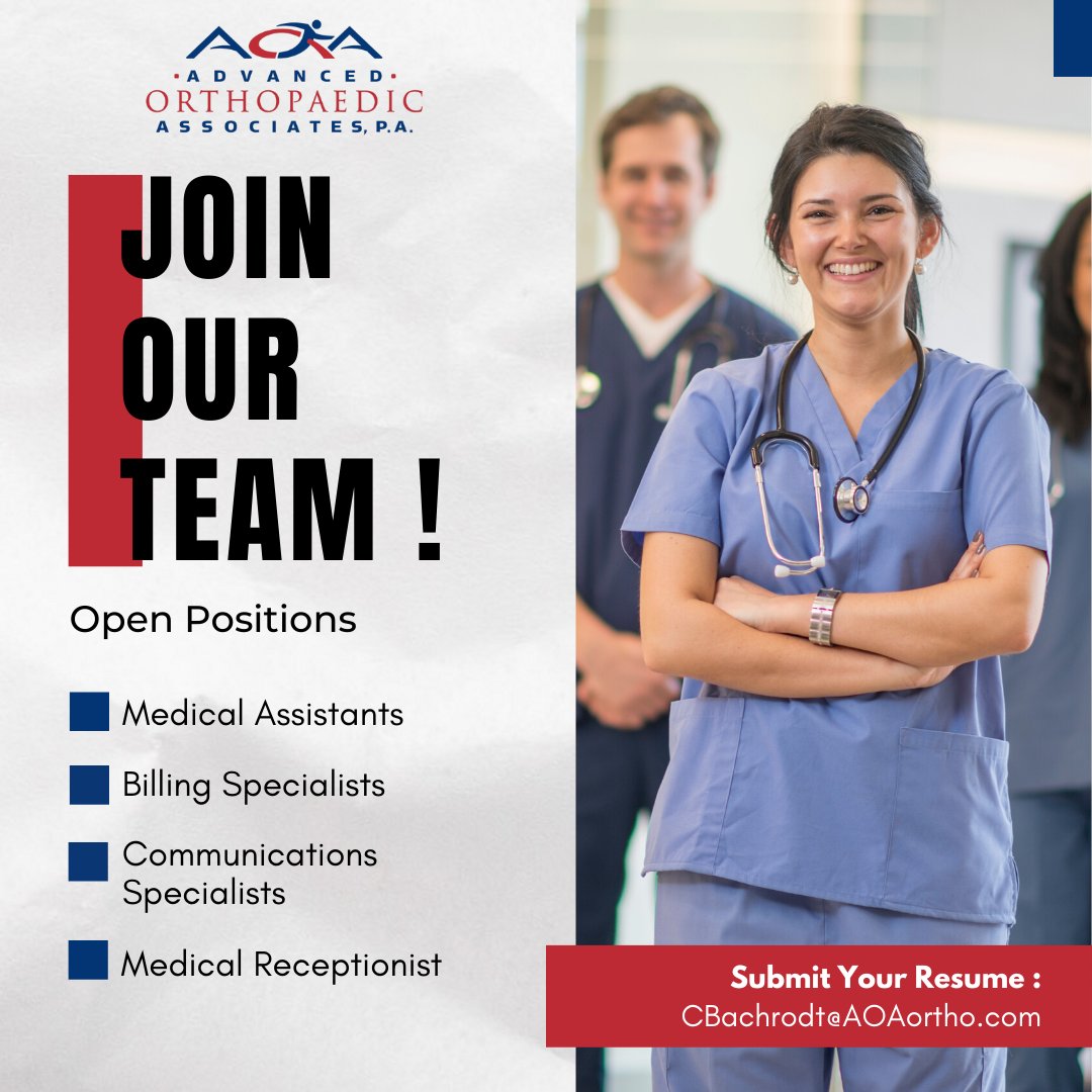 We are hiring for multiple positions here at AOA! If you are looking to join our team please submit your resume to CBachrodt@AOAortho.com. Visit aoaortho.com/careers/ to learn more. We look forward to hearing from you!!!