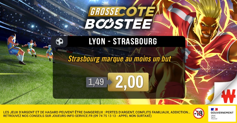 WinamaxSport's tweet photo. Dans la gueule du Lyon ! ⚽️

Strasbourg marque, c'est #LaGrosseCoteBoostée d'OL - RCSA : 1,49 → 2,00 ! 🚀