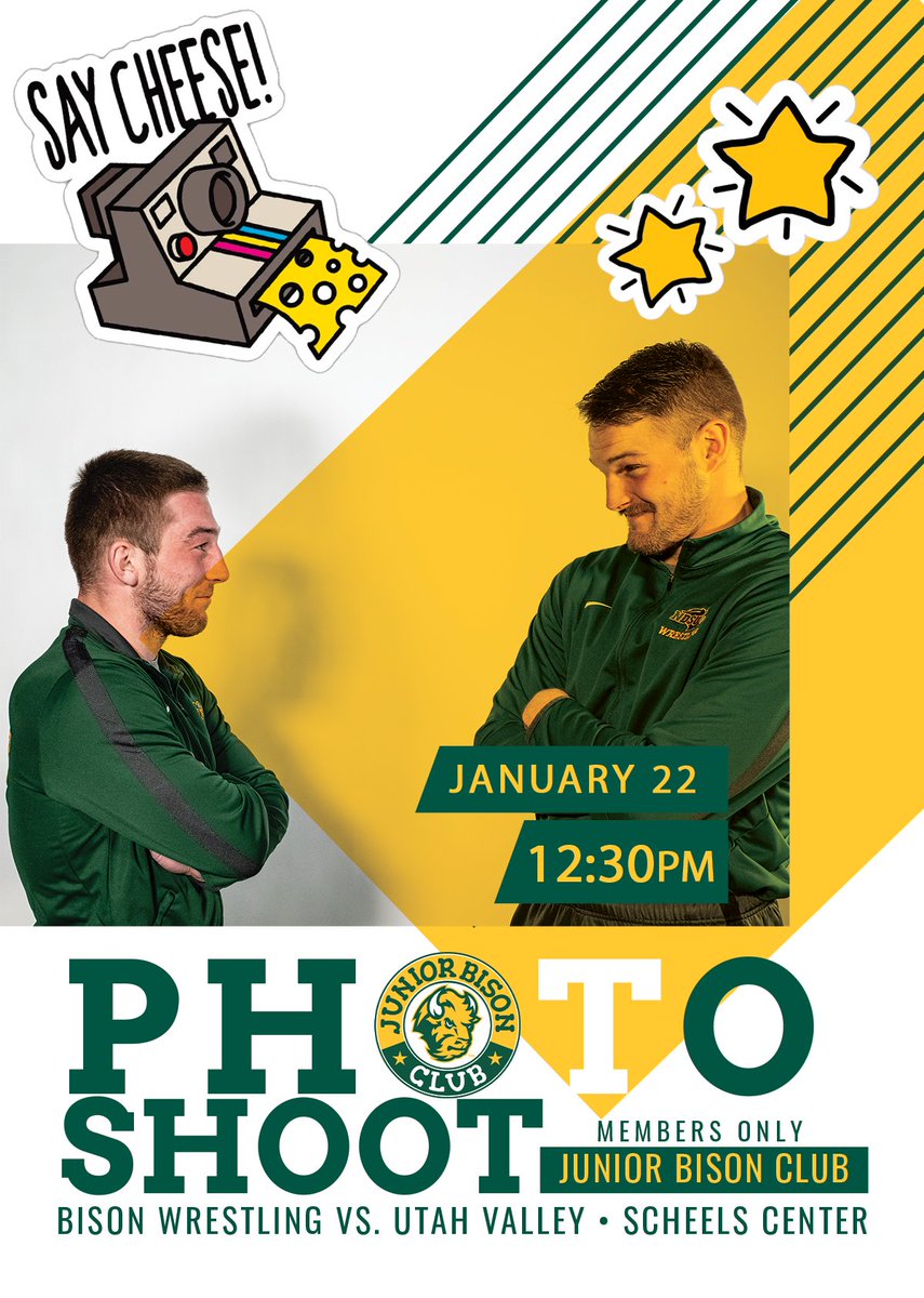 NDSUwrestling's tweet photo. 𝕁𝕦𝕟𝕚𝕠𝕣 𝔹𝕚𝕤𝕠𝕟 ℂ𝕝𝕦𝕓 members, we can't wait to see you at our match next Sunday, January 22 vs Utah Valley! Come strike a pose in a private photo shoot session pre-match 🤩

🏟️ Scheels Center 
📸 12:30pm 
🤼‍♂️ 2:00pm https://t.co/AmrzVBitJV