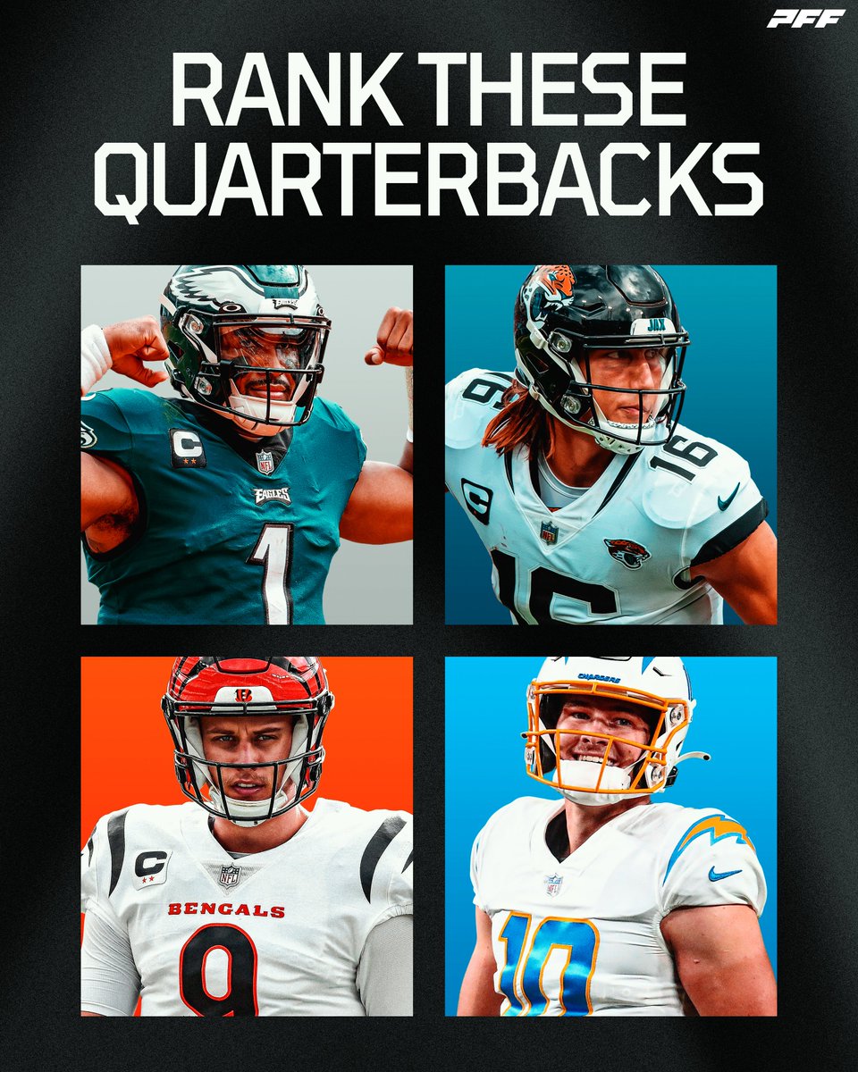PFF's tweet photo. Jalen Hurts
Trevor Lawrence
Joe Burrow
Justin Herbert

Rank these playoff QBs ✍️ https://t.co/W8uooTtyZf