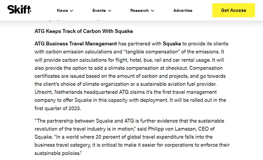 Thanks to <a href="/skift/">Skift</a>  for covering ATG's new partnership with SQUAKE. “The partnership between SQUAKE and ATG is further evidence that the sustainable revolution of the travel industry is in motion,” said Philipp von Lamezan, CEO of SQUAKE.  skift.com/2023/01/13/mar…