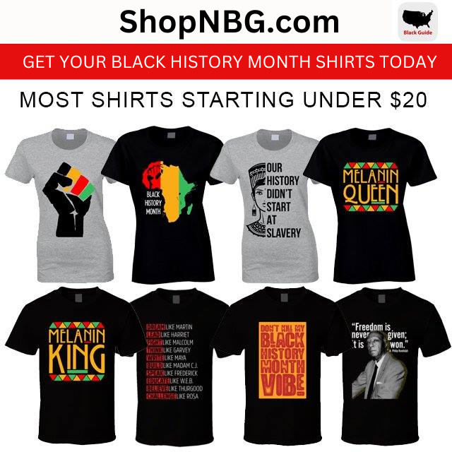 Shop our #BlackHistoryMonth T-shirts on our NationalBlackGuide Store - Most Starting Under $20!!! shopnbg.com