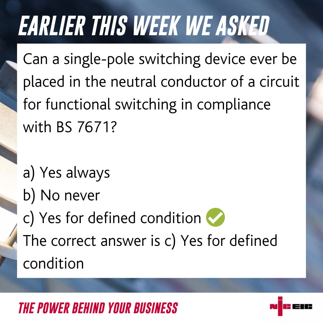 officialNICEIC's tweet photo. Earlier this week we asked...

Can a single-pole switching device ever be placed in the neutral conductor of a circuit for functional switching in compliance with BS 7671?

Did you get the answer right?

#ElectricalSafety https://t.co/C1PpOnPaQq