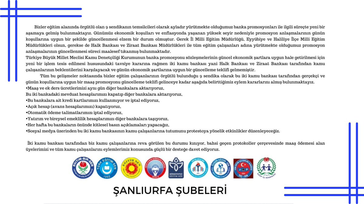 Basına ve  Kamuoyuna!!

Şanlıurfa’da Eğitim Hizmet Kolunda faaliyet gösteren sendikalar olarak ortak açıklamamızdır.+

<a href="/ebs1sanliurfa/">EBS Şanlıurfa 1</a>
<a href="/EgitimsenUrfa/">egitimsen urfa</a>
<a href="/egitimisurfa/">Şanlıurfa Eğitim-İş</a>
@UrfaHursen
<a href="/urfaegitimgucu/">Şanlıurfa Eğitim Gücü Sen</a>
<a href="/ozguregitimurfa/">Özgür Eğitim-Sen Şanlıurfa</a>

#urfahalkbankpromosyongüncelle