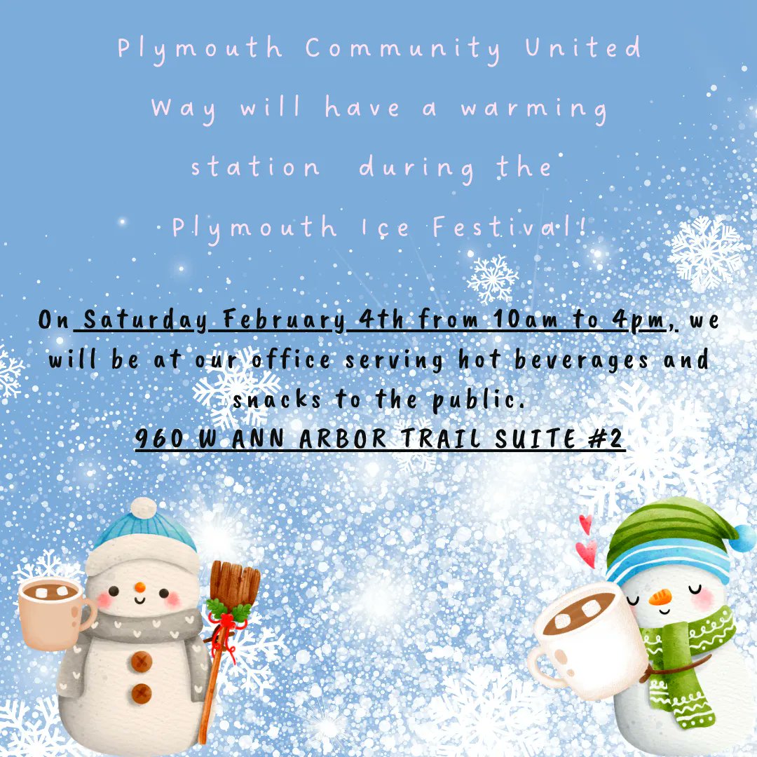 We are so excited to host a warming station for the annual #PlymouthIceFestival! We cannot wait to see you all on Saturday, February 4th. #PlymouthUnitedWay #PCUW