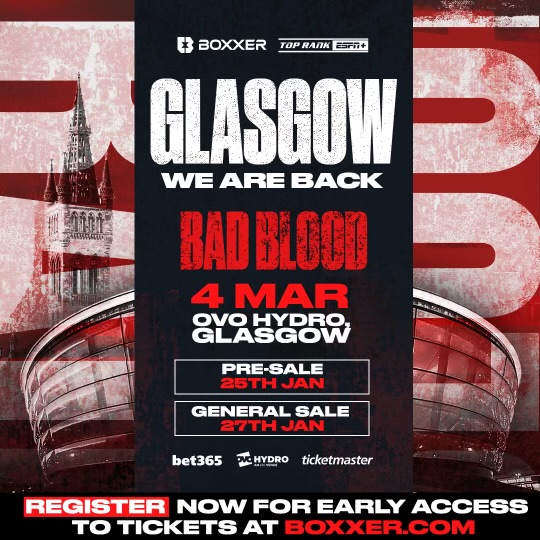 🏴󠁧󠁢󠁳󠁣󠁴󠁿 𝙒𝙀. 𝘼𝙍𝙀. 𝘽𝘼𝘾𝙆. 😤

🩸#BadBlood | 4 March | OVO Hydro, Glasgow

🎟️ Register now for early access to tickets @ boxxer.com/sign-up-mar-4/ 📲

<a href="/trboxing/">Top Rank Boxing</a> | <a href="/SkySportsBoxing/">Sky Sports Boxing</a>