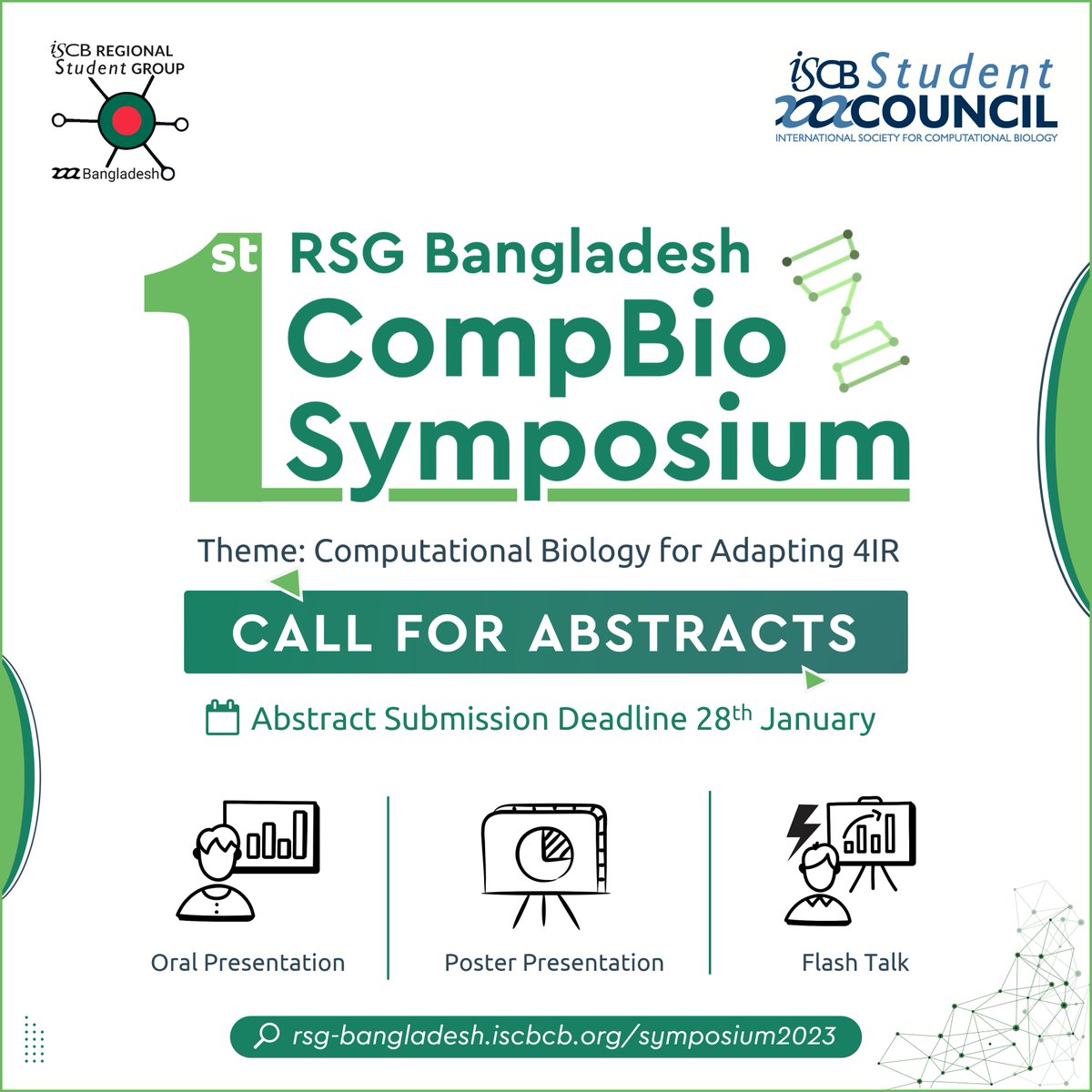 We are delighted to announce the“1st RSG Bangladesh CompBio Symposium” dedicated to Students and Early Career Researchers in #Bioinformatics and #ComputationalBiology in Bangladesh. 

<a href="/SiumSyed/">Syed Muktadir Al Sium</a> <a href="/SanjanaFatema/">Sanjana Fatema Chowdhury</a> <a href="/iscbsc/">ISCB Student Council</a> <a href="/Sharmi_goswami/">Sharmistha Goswami</a> <a href="/k_andalib/">K M Salim Andalib</a> <a href="/propicee/">Farzana Rahman</a> <a href="/SalmanPromon/">Salman Promon</a> 
#RSGBDCS23