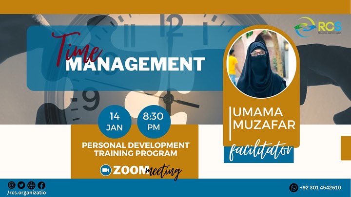 RcsOrganization's tweet photo. Resources Coalition Society cordially invites you to the Professional Development Training Program on "Time Management" with our Trainer Faisal Munir 
And Facilitator Umama Muzafar

#resourcescoalitionsociety 
#skills #development #timemanagement #npo #rcs #rcsorganization https://t.co/FDlqNrZEyk