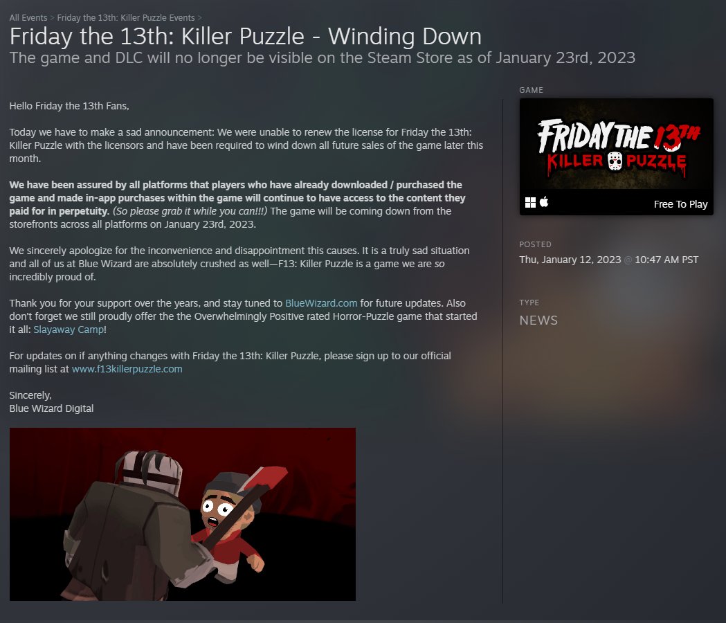 Friday the 13th: Killer Puzzle delisted this month due to licensing issues