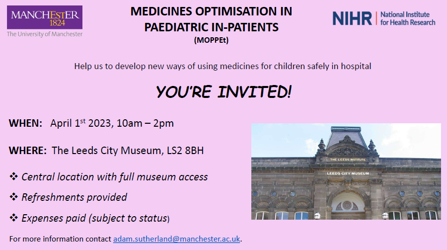 LeedsNERDs's tweet photo. Are you interested in...

✅ research?
✅ improving patient/family care?
✅ the experiences of people who use medicines?

Then please join us on 1st April for focus group about improving the safe use of medicines in hospitals for children. Please email Adam @MedsSafety or msg us https://t.co/xHzIpV7Gfp