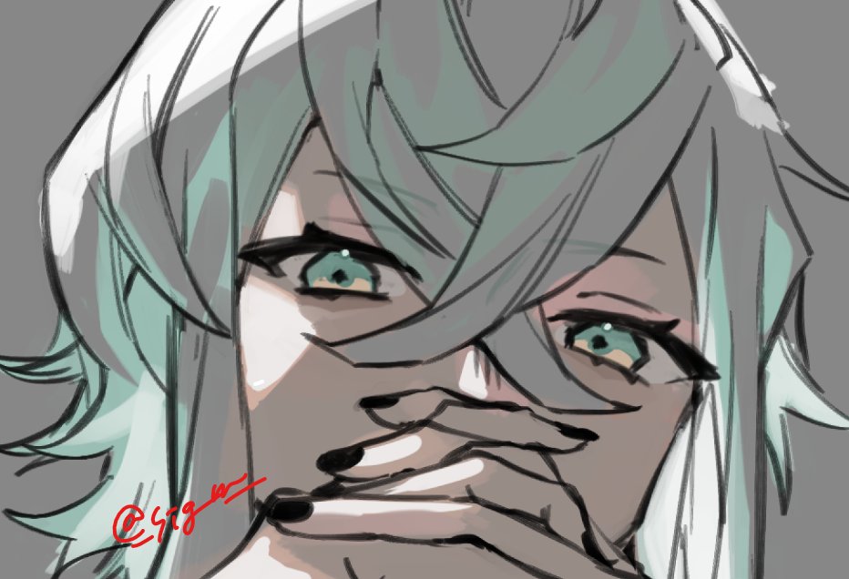 1boy aqua hair bangs black nails covering mouth green eyes green hair  illustration images