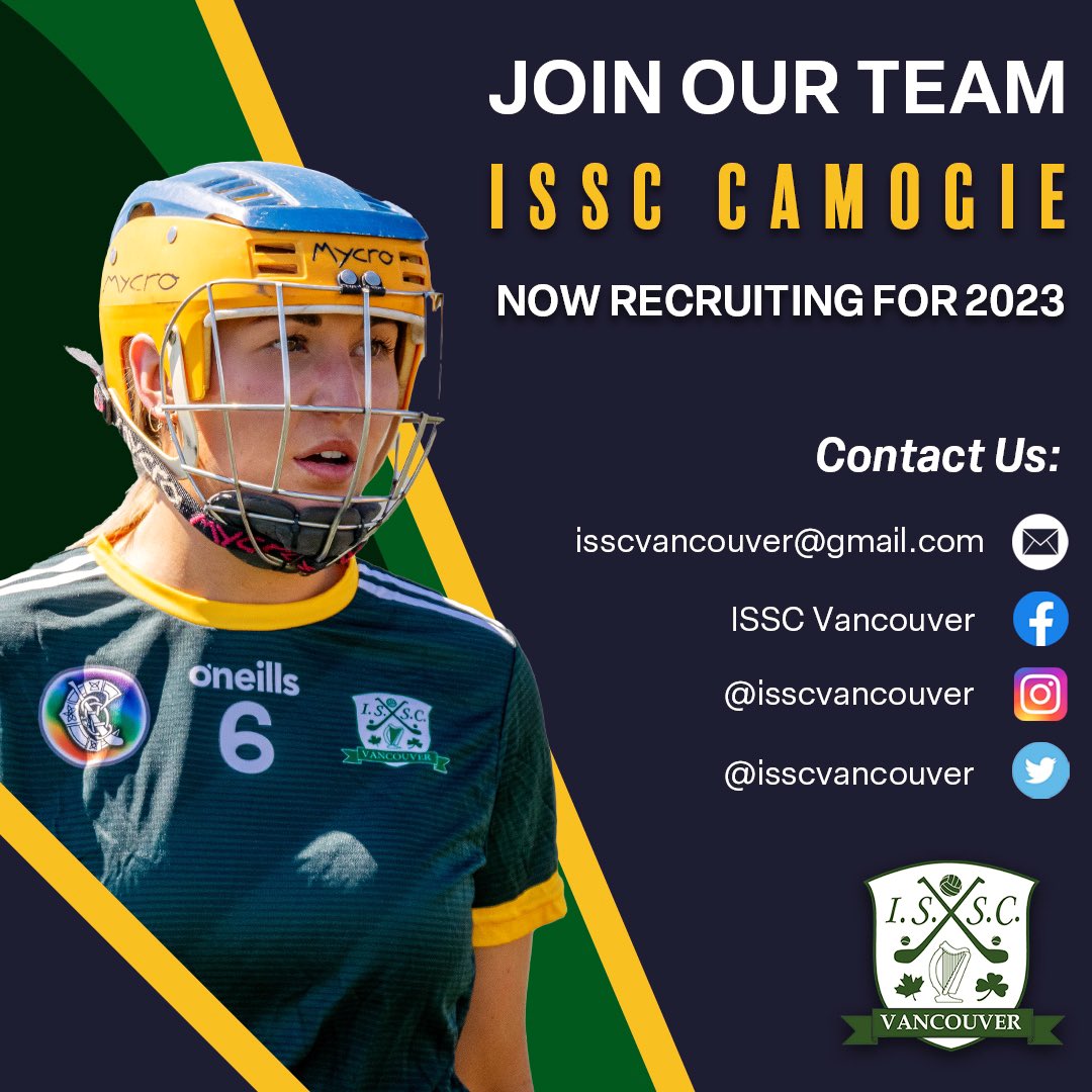 * NEW PLAYERS WELCOME ISSC Vancouver GAA are now recruiting for the Camogie 2023 Season! Contact us via email or direct message and we’ll sort you out with all the information you need. #ISSC #ISSCAbú #ISSCVancouver #VancouverGAA #CanadaGAA #Camogie #Vancouver