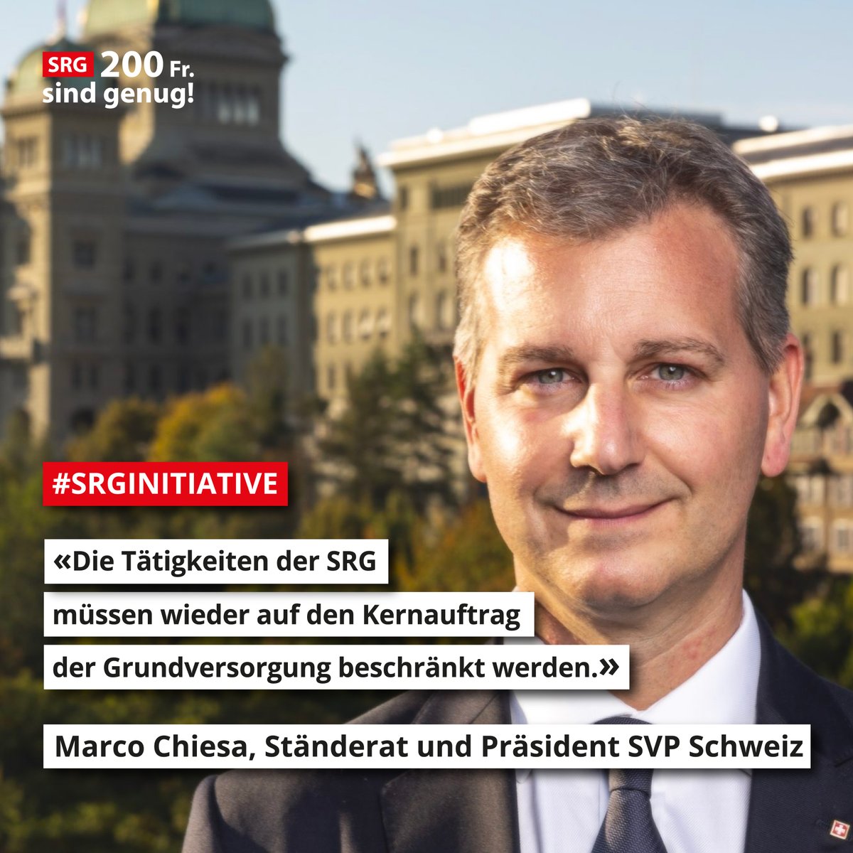 Nur wenn sich die #SRG auf die Grundversorgung beschränkt, kann die unternehmerische Freiheit der die privaten Anbieter gestärkt werden. Darum ist Reduktion der SRG-Gebühren von 335 auf 200 Franken ein richtiger und notwendiger Schritt.

#schweiz #srginitiative