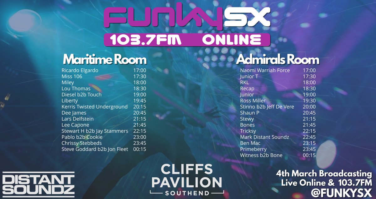 Its here, the DJ Line up and set times for the Cliffs Pavilion on 4th March.
35 DJ's - 2 rooms of amazing sound &amp; lighting playing the best in #housemusic #disco #discohouse #ukgarage #oldskool #reggae #drumandbass 
Keep it Funky !! linktr.ee/funkysx