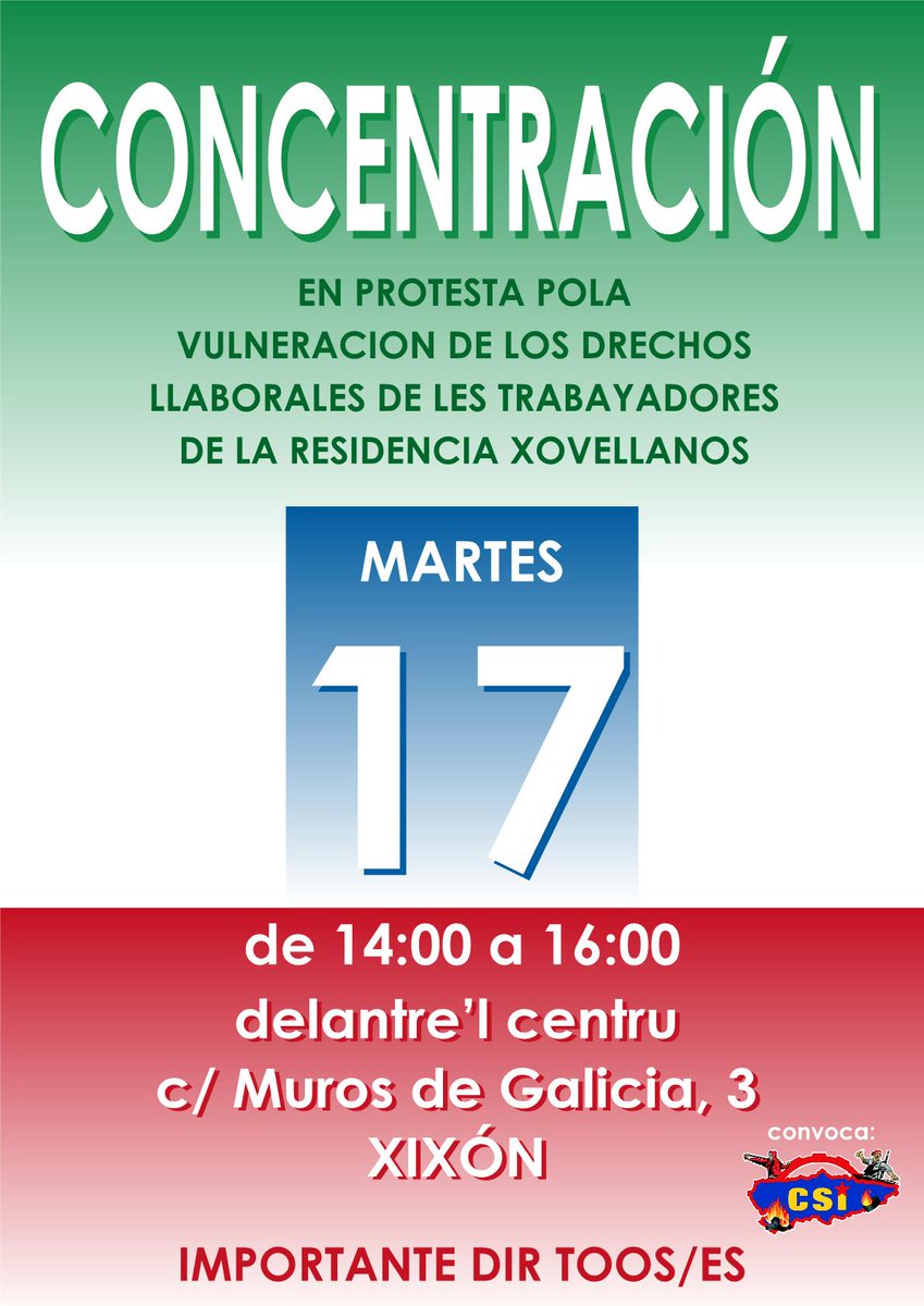 Las compañeras del Centro Gerontológico Jovellanos 
llevan demasiado tiempo aguantando el despotismo de 
la dirección. Pisotear los derechos de las trabajadoras es algo que no admitimos.
El martes 17 a las 14:00 se concentran delante del 
centro para protestar. ¡Vamos con ellas!