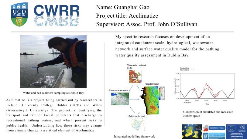 #MeetOurResearchers 

Guanghai Gao is a PostDoc supervised by John O’Sullivan on the @AcclimatizeEU project led by @ucddublin and @AberUni. He’s developing a catchment-scale model to evaluate bathing water quality in Dublin Bay 💻 💧 #hydrology #wastewater #AcademicTwitter