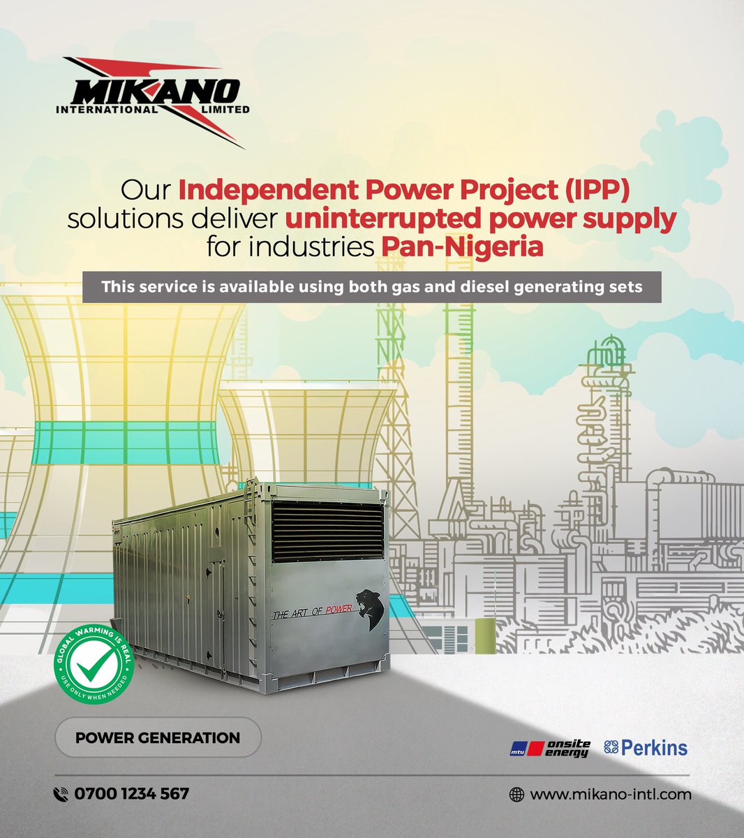 Enter into a world of reliable energy with our Independent Power Project (IPP) solution. Our turnkey solutions provide uninterrupted power supply for any required capacity in any industry. 

Kindly send us DM or call 07001234567 

#ReliableEnergy #UninterruptedPowerSupply #Power