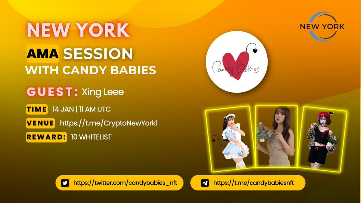 kbg_global's tweet photo. AMA Series With Candy Babies

🎁Prize: 10 WL
📆Date: January 14th 2023 11 AM UTC
🏨 Venue: https://t.co/rVDjsbwXch

〽️ Rules:

1️⃣. Follow

@CryptoNewYork3 
&amp;
@candybabies_nft

2️⃣. Like Retweet &amp; Comment Your Questions (3 Questions Max) Tag 3 friends https://t.co/Io2kT4LdyD