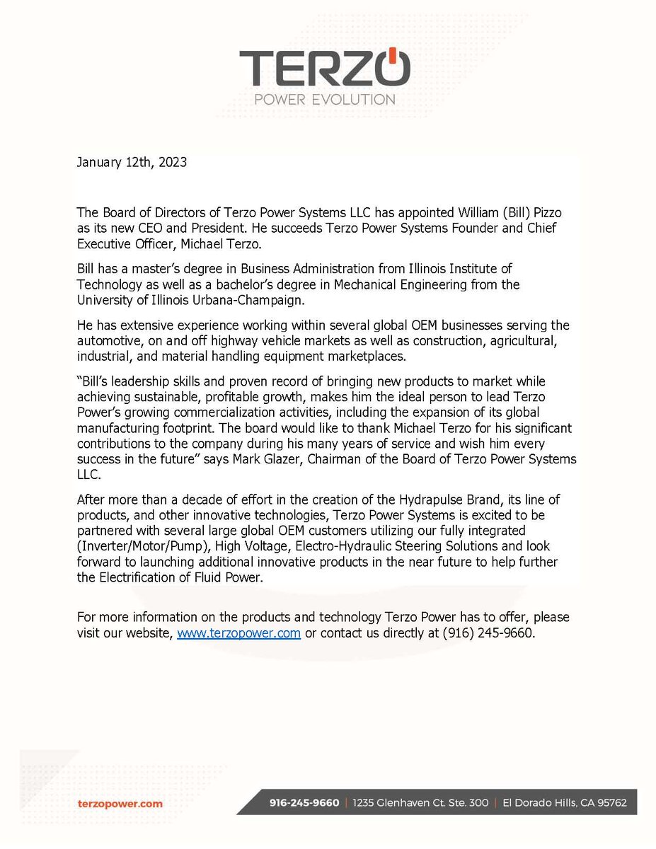 Congratulations to Bill Pizzo for his outstanding work at Terzo Power!