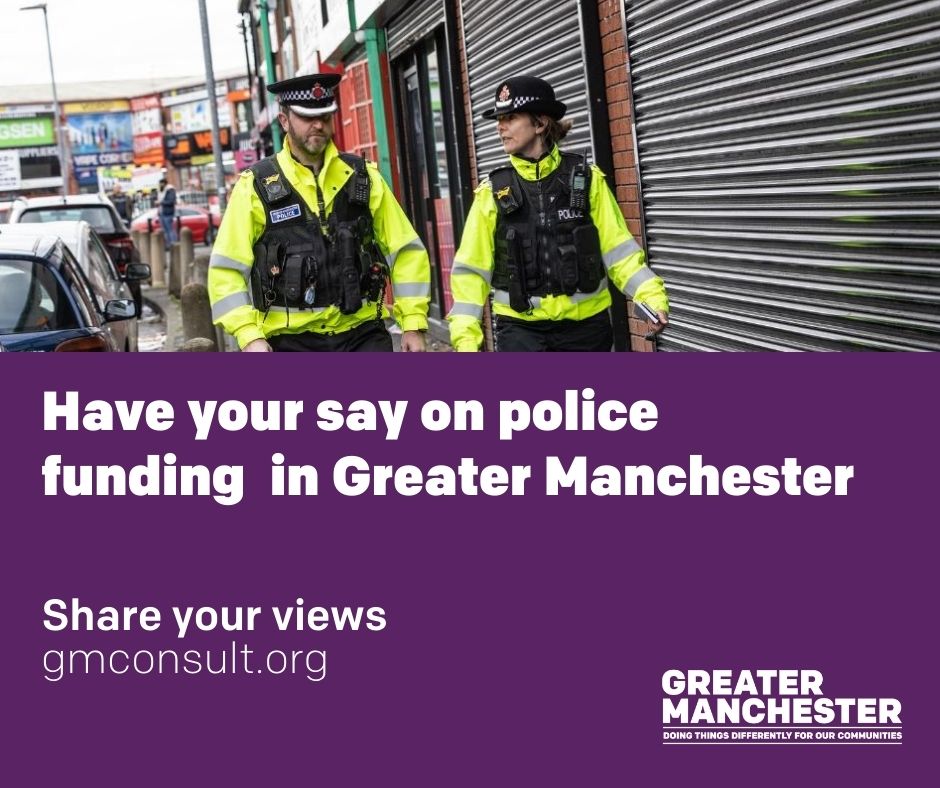 This year, the government will provide funding for more police officers. But that won’t make up for 9 years of cuts.
<a href="/MayorofGM/">Mayor of Greater Manchester</a> and <a href="/DeputyMayorofGM/">Deputy Mayor for Safer and Stronger Communities</a> want to know if you are willing to pay 83p more a month to help keep our communities safe?