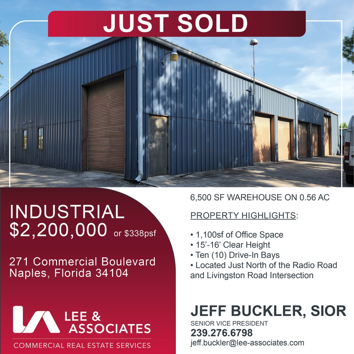 We are pleased to announce the sale of 271 Commercial Boulevard in Naples, Florida brokered by Jeff Buckler, SIOR. Congratulations, Jeff!! 🎉
#Sold #LeeAssociates #LeeNaplesFortMyers #Naples #SWFL #CollierCounty #CRE #Brokerage #LeeandAssociates #Industrial